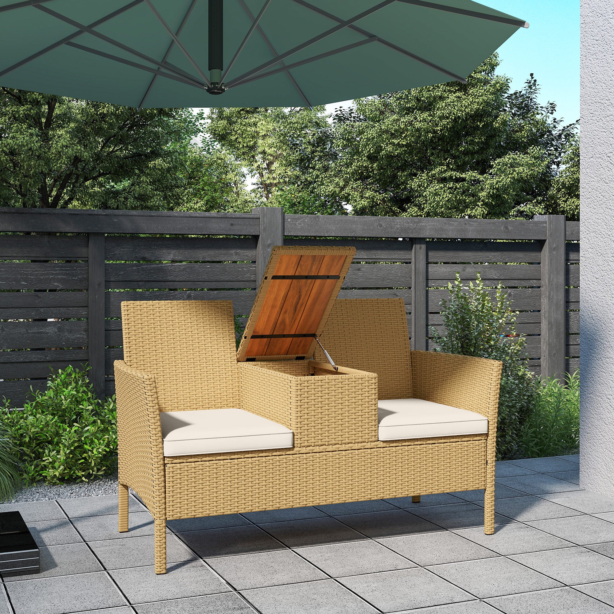 Panca da Giardino con Tavolino a Ribalta Portaoggetti 134x58x82 cm in Rattan e Acciaio Crema e Cachi