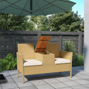Panca da Giardino con Tavolino a Ribalta Portaoggetti 134x58x82 cm in Rattan e Acciaio Crema e Cachi