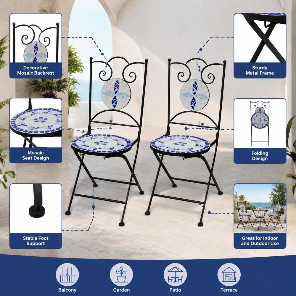 Bistro Chairs, Folding, 2 Pieces, Ceramic, Blue And White
