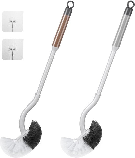 Set di 2 spazzole da bagno, spazzola da bagno con striscia di pulizia, spazzola da bagno curva con lunga asta per la pulizia profonda degli angoli morti, set di spazzole da bagno in plastica (grigio/marrone)