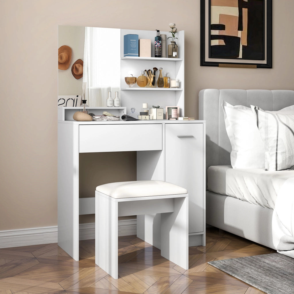 Scrivania con specchio e sgabello ¨C zephmum ¨C 80x40x132 cm, bianco