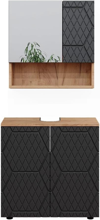 Set mobili bagno Irma, Antracite lucido, 80 cm, composto da specchio da bagno e mobile sottolavabo