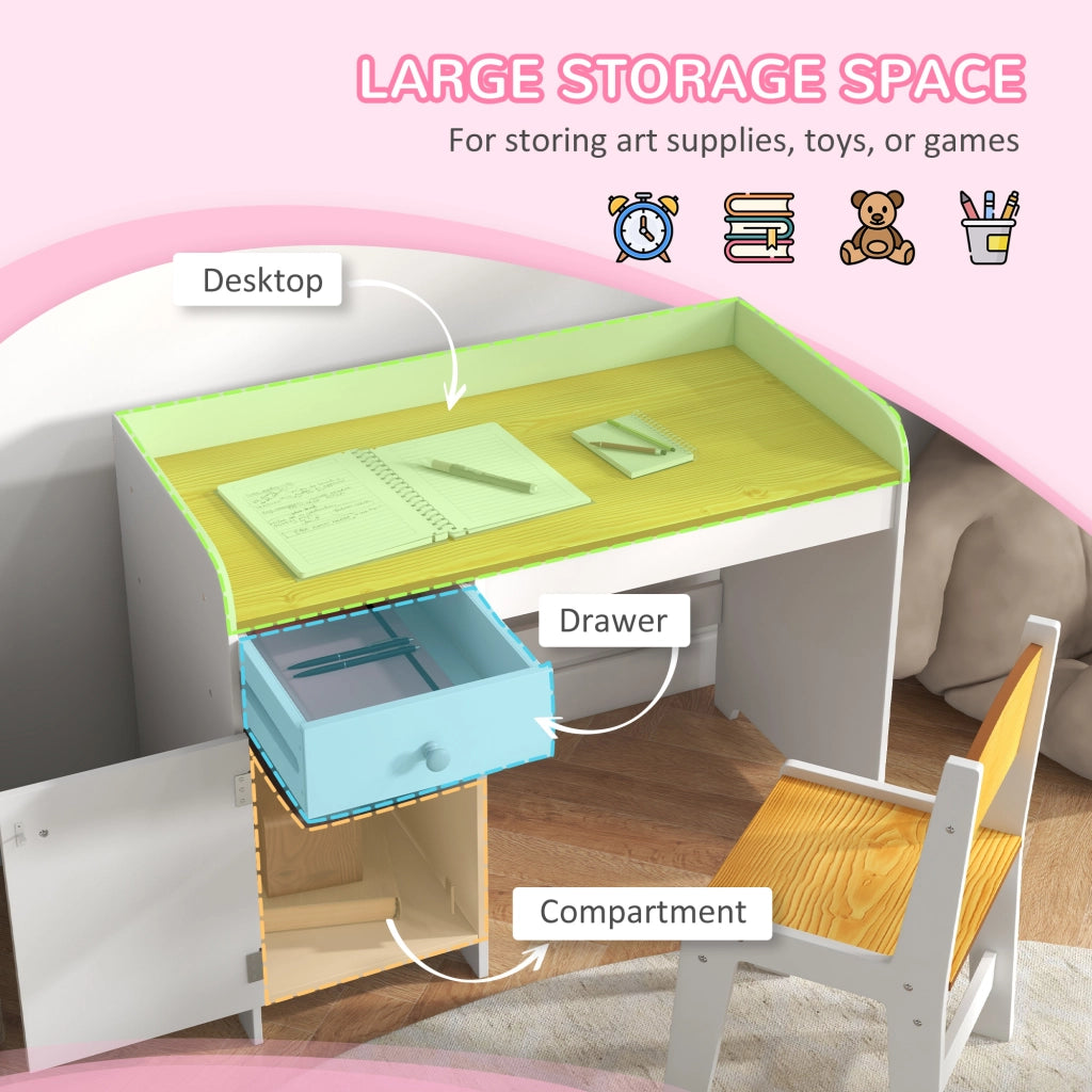 EasyComfort Banco Scuola e Sedia per Bambini da 3-6 Anni con Cassetto e Armadietto in Legno Bianco
