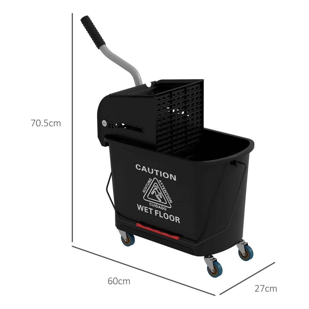 Carrello lavapavimenti con secchio da 20 L, strizzatore, 2 scomparti, 4 ruote, nero