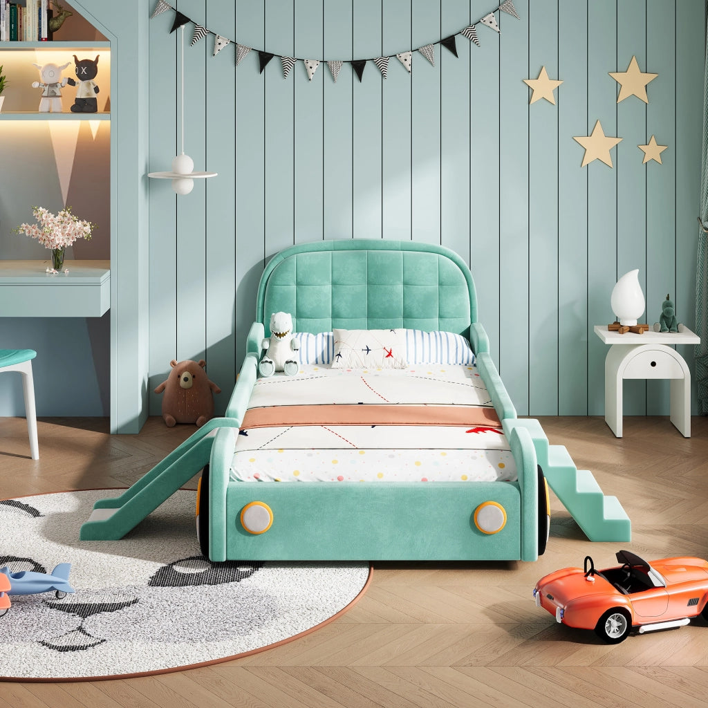 Letto per bambini 90 × 200 cm a forma di auto con scivolo e scala reversibili, senza materasso, velluto blu-verde