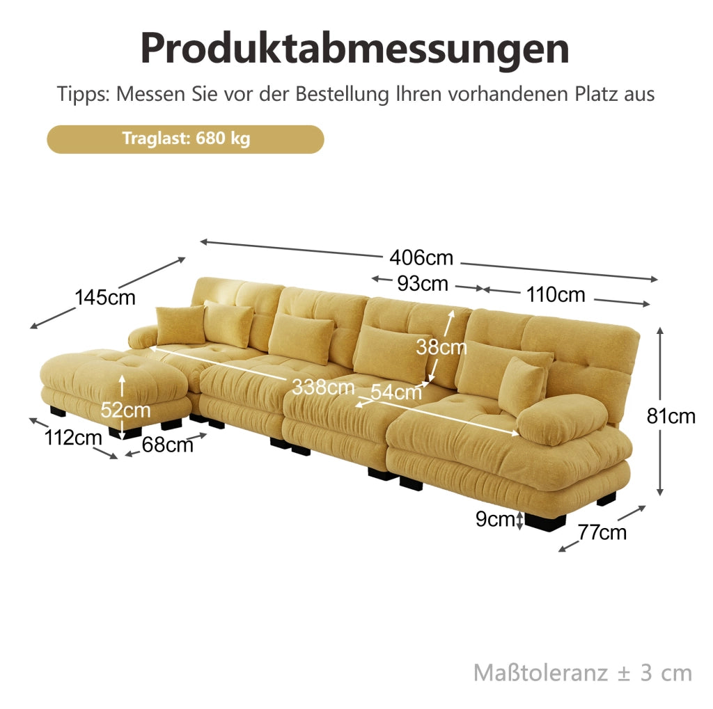 Divano modulare angolare in ciniglia gialla con pouf mobili
