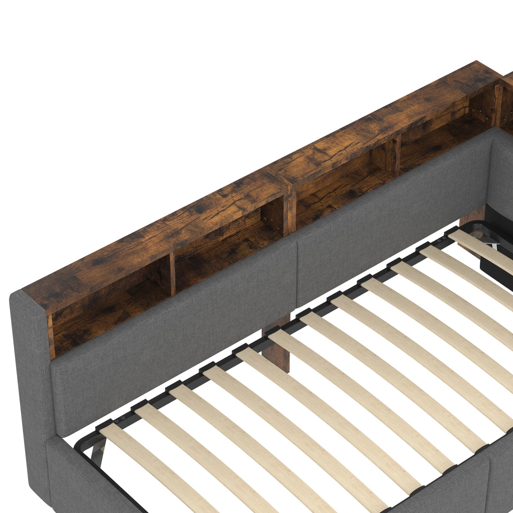 Letto singolo 90×200 cm con USB; tipo C; LED e vani portaoggetti; senza materasso; lino; grigio
