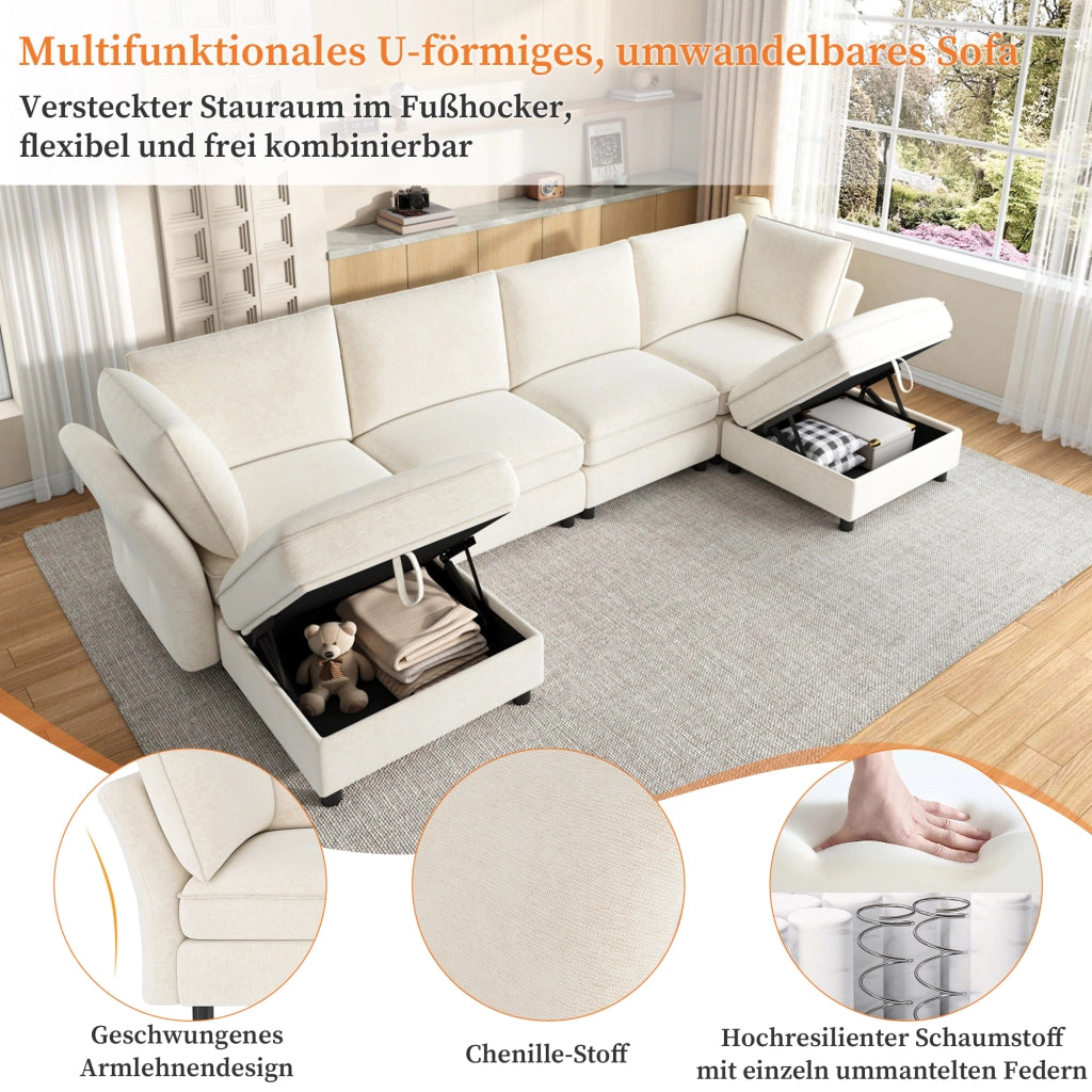 Divano angolare modulare a U con spazio contenitore e cuscini per 6-7 persone, in ciniglia beige, 289 × 137 × 84 cm