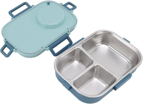 Lunchbox Termica 1100ml a Doppia Parete 3 Griglia Design 304 Acciaio Inox Box con Cucchiaio, Cucchiaio per Zuppa, Porta Ciotola e Contenitore di Cibo con Compartimenti (Blu)