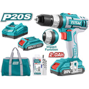 TOTAL TRAPANO AVVITATORE A PERCUSSIONE 2 BATTERIE DA 2Ah 45Nm + 50 ACCESSORI TOTTIDLI2002E