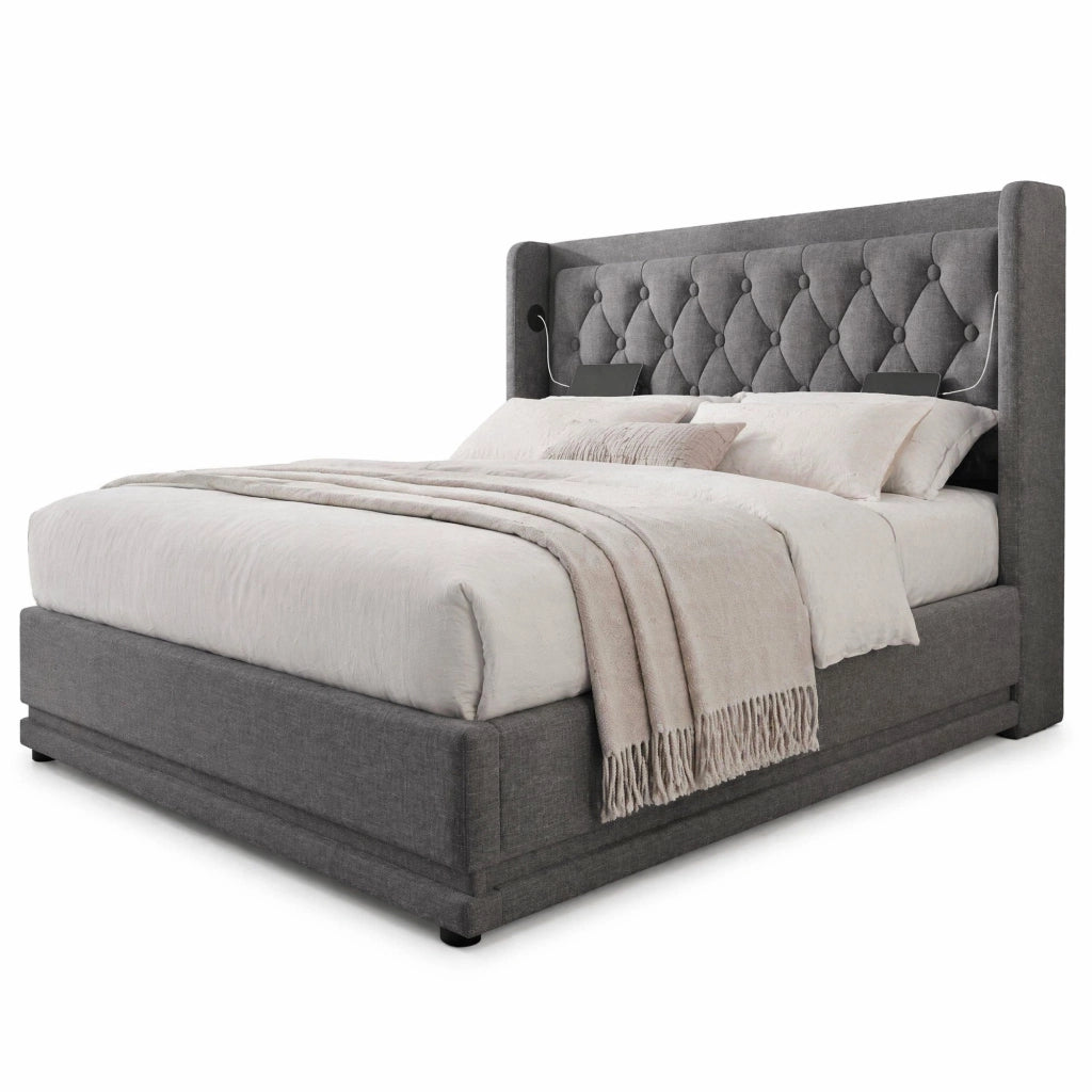 Letto matrimoniale imbottito 180x200 cm in cotone grigio con contenitore; LED e USB Type-C