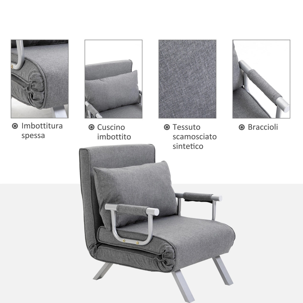 Poltrona Letto Singolo con Schienale Regolabile a 5 Livelli e Cuscino 65x69x80 cm in Tessuto Grigio Chiaro
