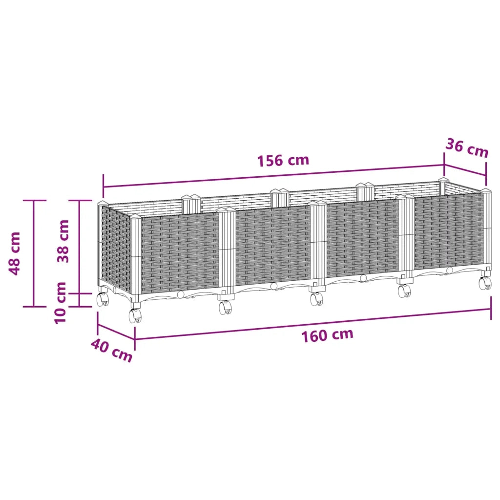 Vaso da Giardino con Ruote Bianco 160 x 40 x 48 cm PP 3423137