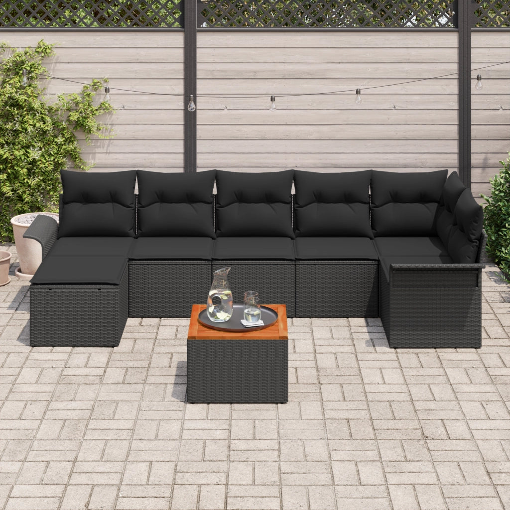 Set Divano Giardino 8 Pezzi con Cuscini Nero Polyrattan Acacia