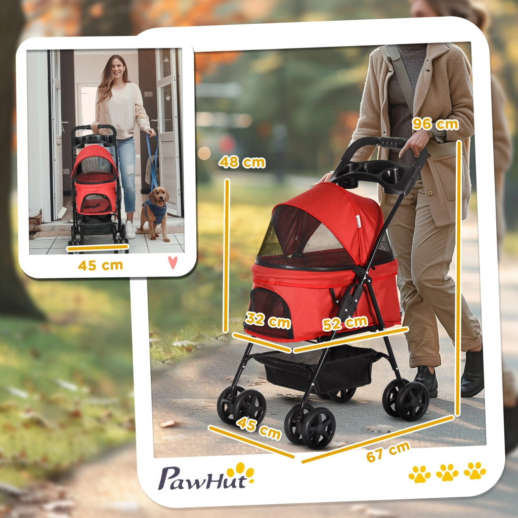 Carrello pieghevole per animali con quattro doppie ruote freno posteriore in tessuto oxford rosso 67 × 45 × 96 cm
