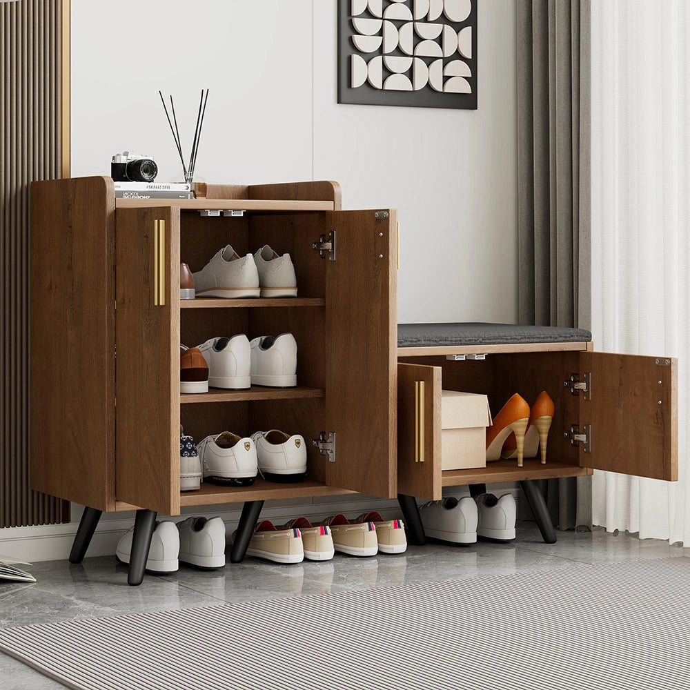 Armadietto scarpe moderno - Xylo - L120/P34/H82 - Venature legno, 4 ante, maniglie metalliche asimmetriche