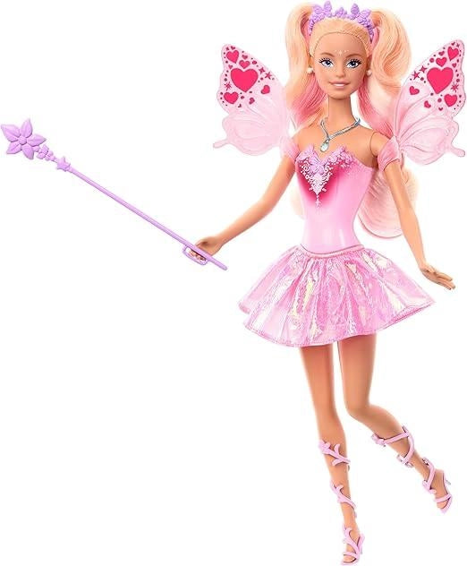 Barbie - Fata con bacchetta stellata, bambola a tema fantasy con capelli bondi, ali e outfit cambia colore in acqua cald