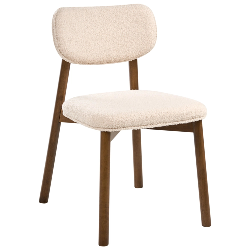 Set di 2 sedie da pranzo marrone e beige chiaro con struttura in legno di gomma bouclé e seduta e schienale imbottiti