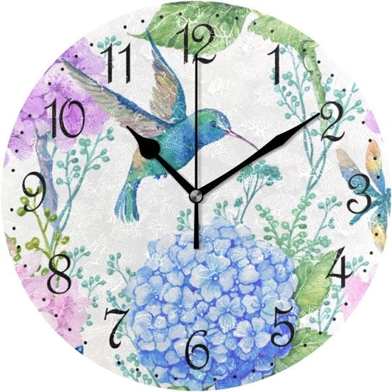 Orologio da Parete Decorativo con Fiori Colibrì Silenzioso Non Tocchi Batteria 25 x 25 cm per Casa Soggiorno Cucina Bagno Camera da Letto