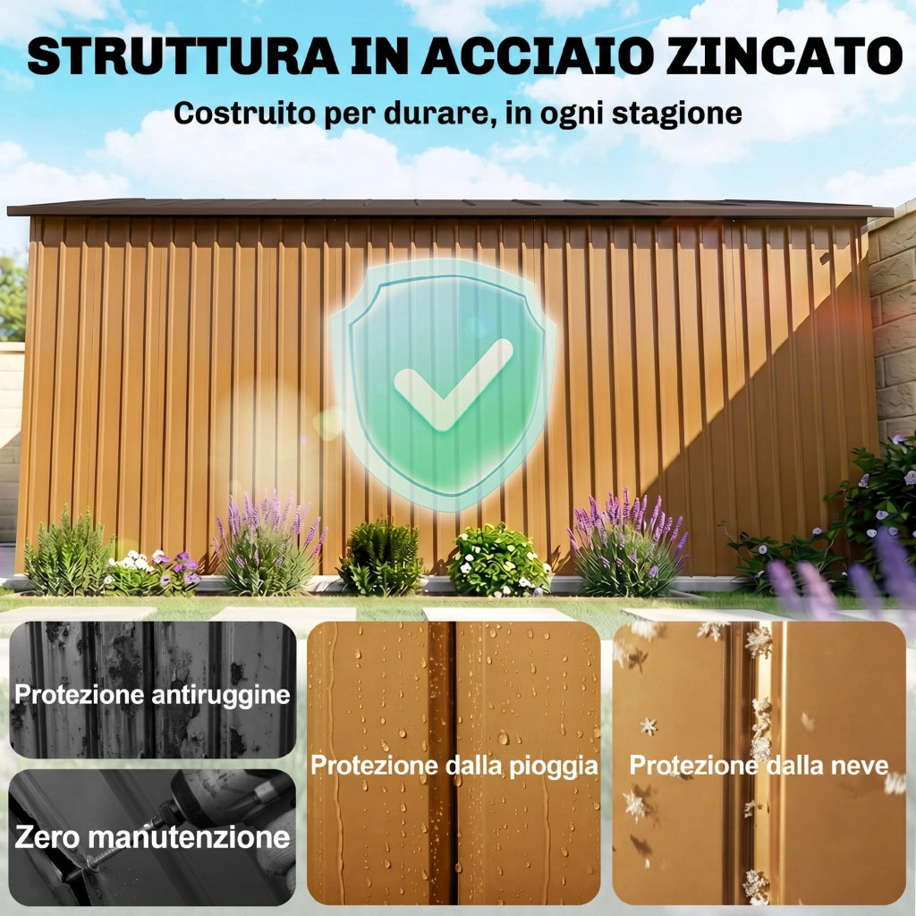 Casetta da Giardino con 2 Porte Scorrevoli e 4 Prese d'Aria in Acciaio, 340x386x200cm, Giallo