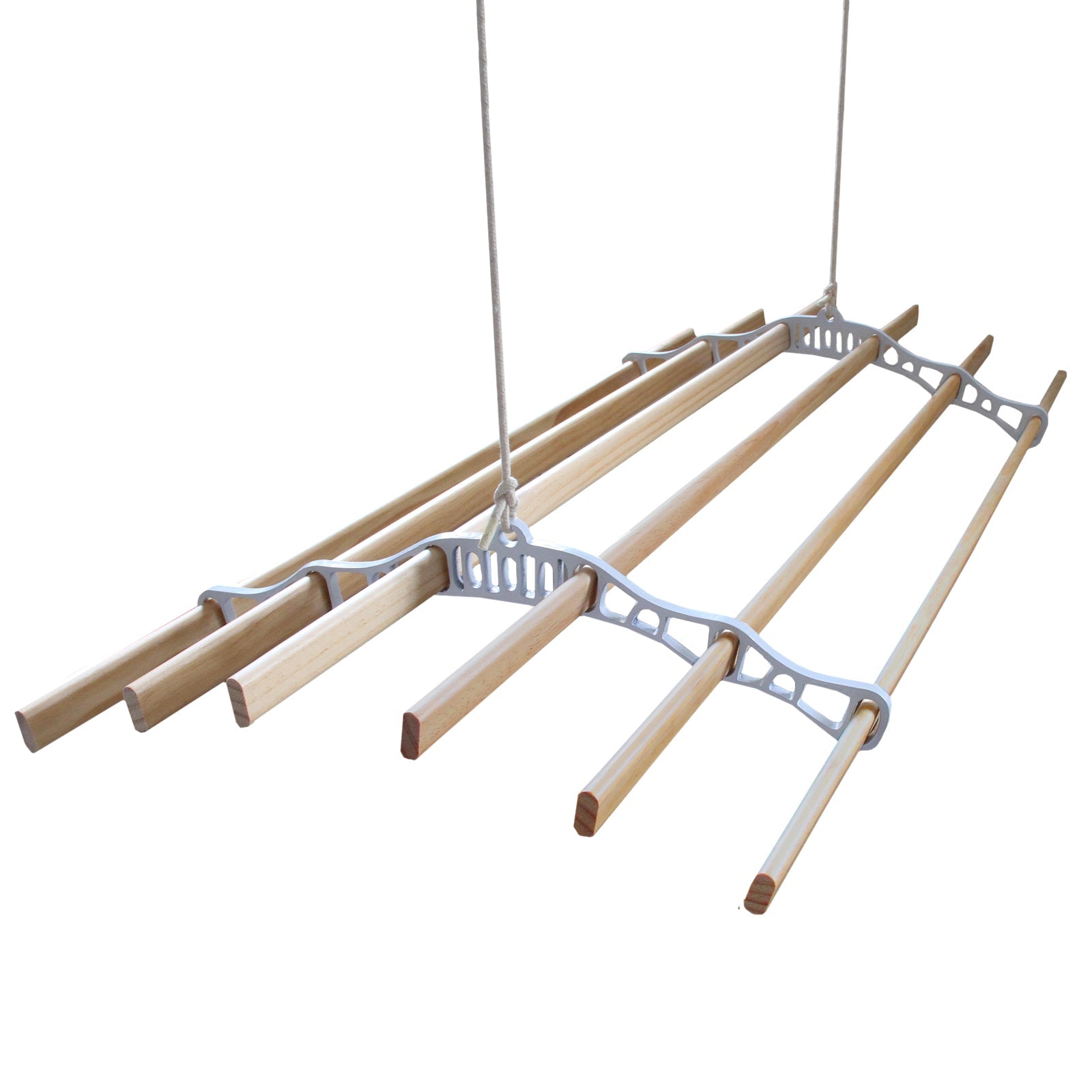 Stendibiancheria da Soffitto con 6 Stecche Legno 140cm e Supporti Ghisa Bianchi