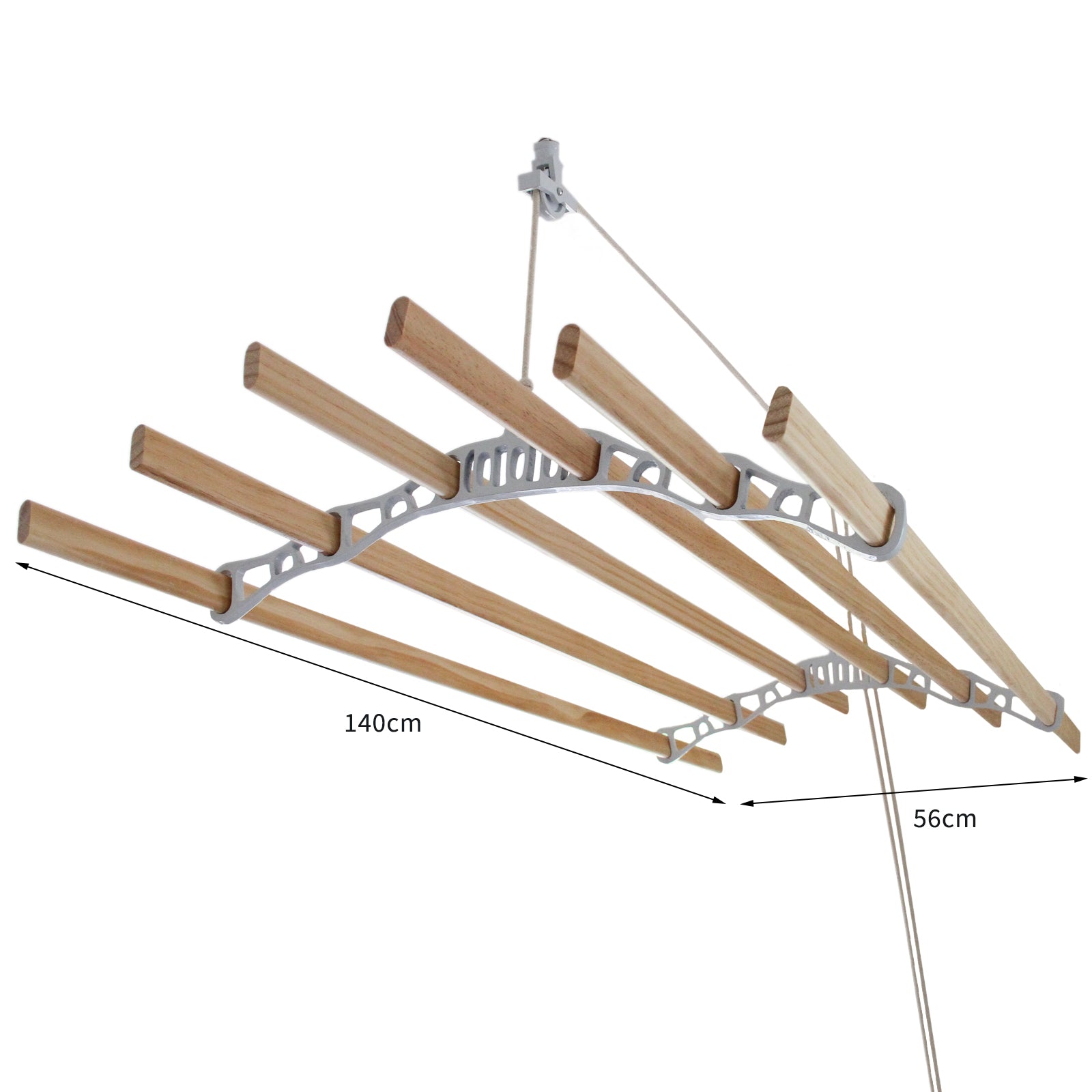 Stendibiancheria da Soffitto con 6 Stecche Legno 140cm e Supporti Ghisa Bianchi
