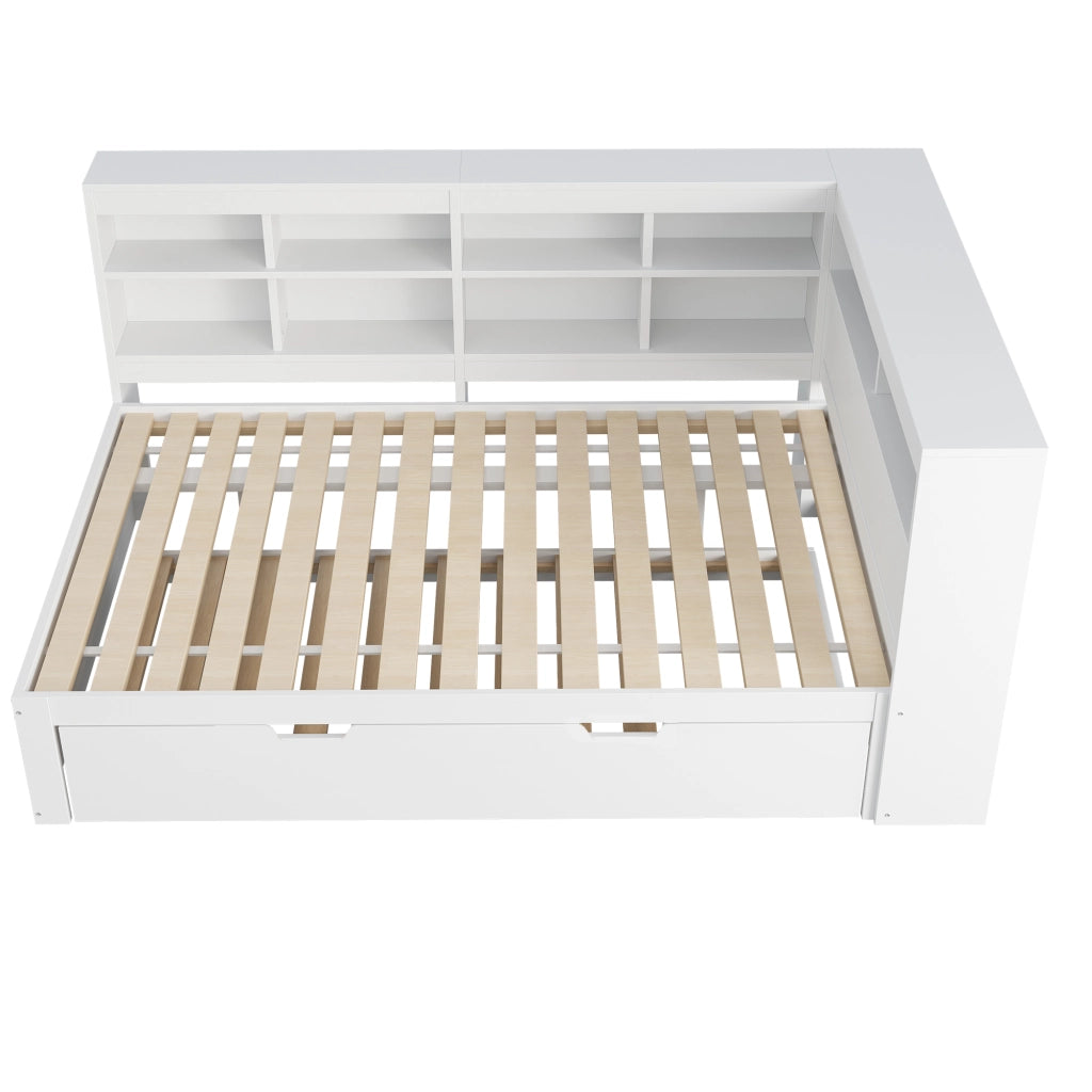 OKWISH Letto a Scomparsa 140×200 cm e 90×190 cm, Letto 3 Posti con USB, Vani Portaoggetti e Contenitori, senza Materasso, in Legno, Bianco
