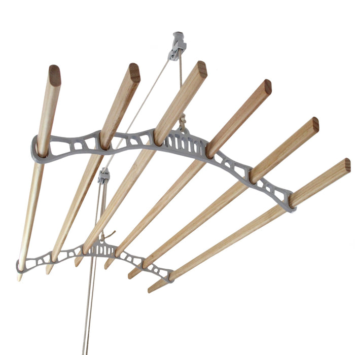 Stendibiancheria da Soffitto con 6 Stecche Legno 150cm e Supporti Ghisa Bianchi