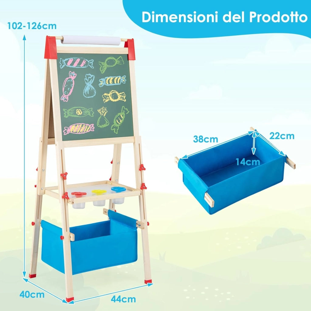 Cavalletto per Bambini Regolabile in Altezza in Legno, Cavalletto a Doppio Lato con Lavagna Magnetica e Bianca, con Scatola, Magneti con Lettere e Numeri, per Bambini 3-8 Anni