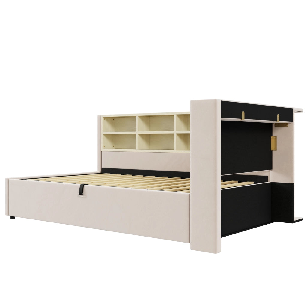 DESMIU Letto singolo 90 × 200 cm con contenitore idraulico, USB, Type-C, ripiani, senza materasso, in velluto, beige