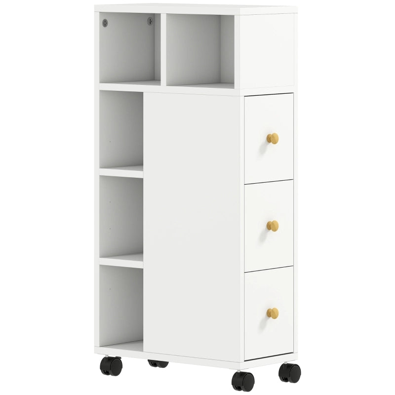 Mobiletto bagno stretto su ruote, 3 cassetti, 5 vani aperti, 20x40x80 cm, bianco