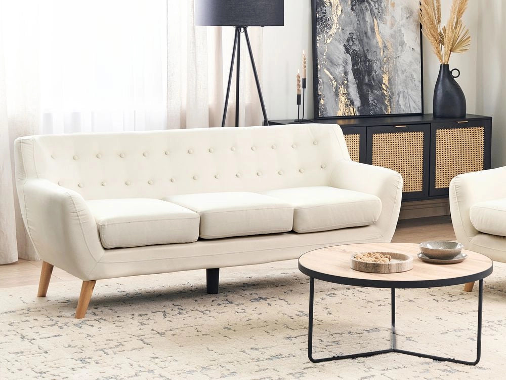 Divano 3 posti tessuto imbottito beige chiaro soggiorno minimalista scandinavo moderno
