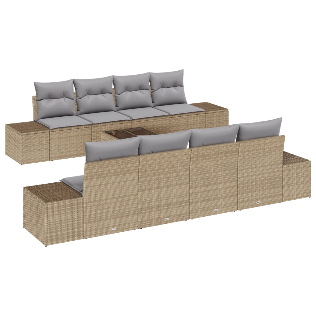 Set Divano da Giardino 9 Pezzi con Cuscini Beige Polyrattan