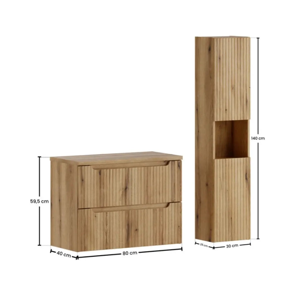 Set da bagno sospeso VANO in rovere chiaro 110cm: mobile sottolavabo con cassetti + piano per lavabo + colonna
