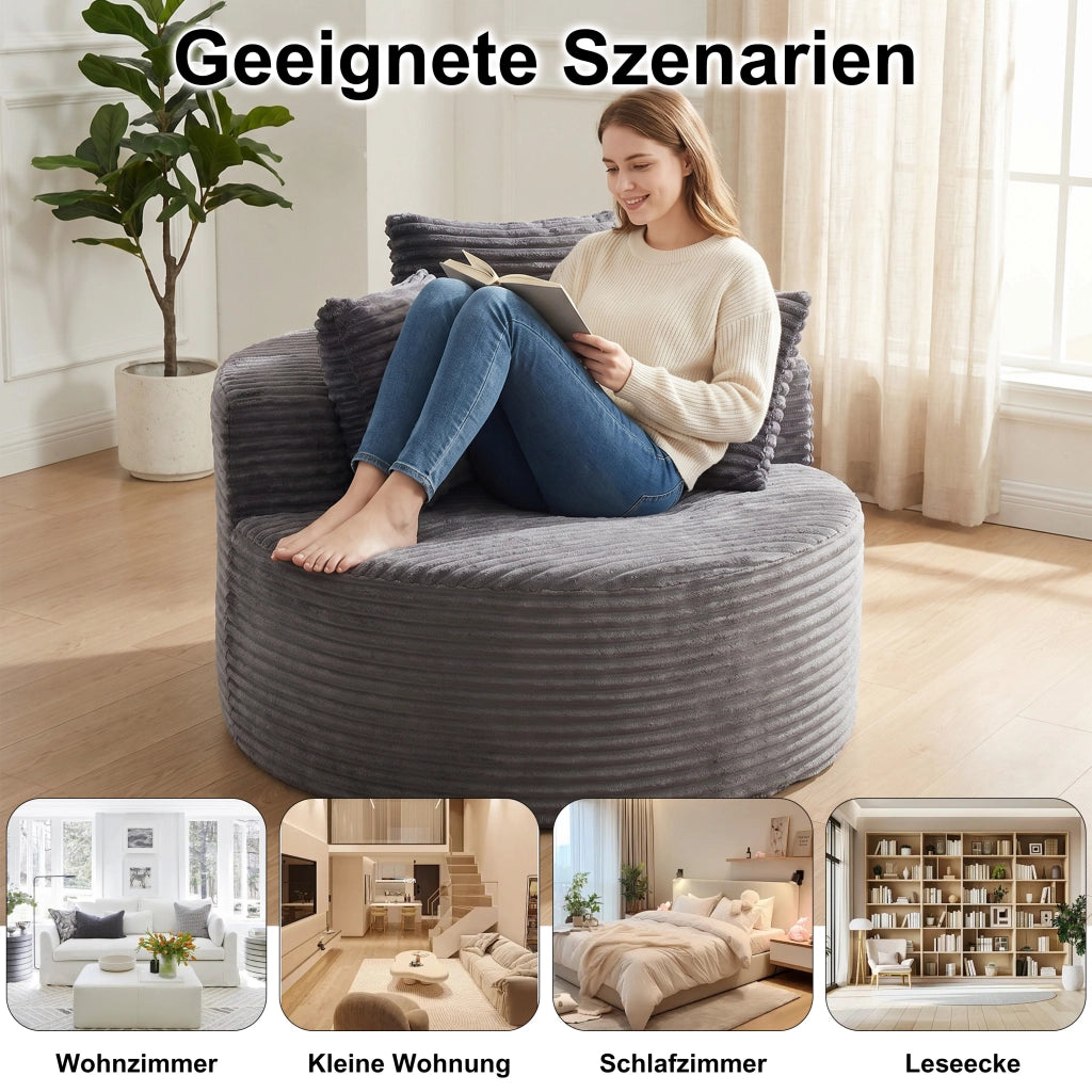 Poltrona lounge rotonda con braccioli larghi e 3 cuscini design minimalista in velluto a coste grigio 116 × 34 × 31 cm