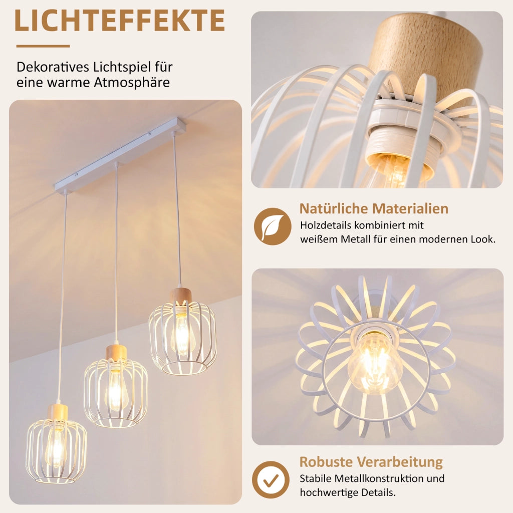 ZMH Lampada a Sospensione 3 Luci Bianco Legno E27 Moderna per Cucina Soggiorno Camera Isola Senza Lampadina