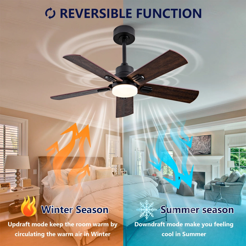 Ventilatore da soffitto esterno nero 42 pollici con luce e telecomando, 5 pale dimmerabili, per terrazze, camere e soggiorni