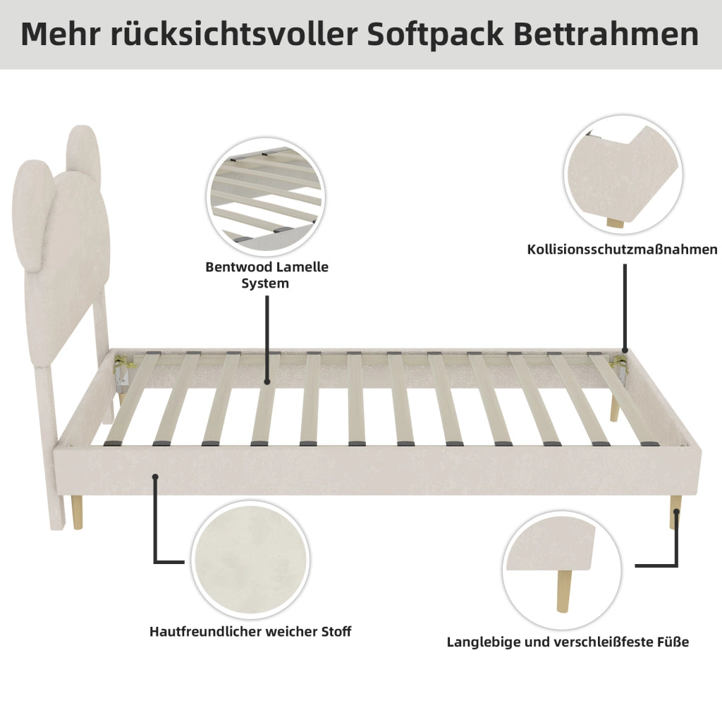 Letto Singolo 90x200 cm; Contenitore; Testiera Sagomata; in Tessuto e Metallo; Beige