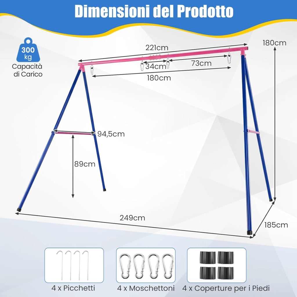 Set Altalena da Giardino per Bambini, Struttura di Metallo ad A con 1 Sedile in EVA Morbido e 1 Altalena Nido, Capacità 300 kg, Ideale per Giardino Parco Giochi (Rosso+Blu, Altalena+Supporto)