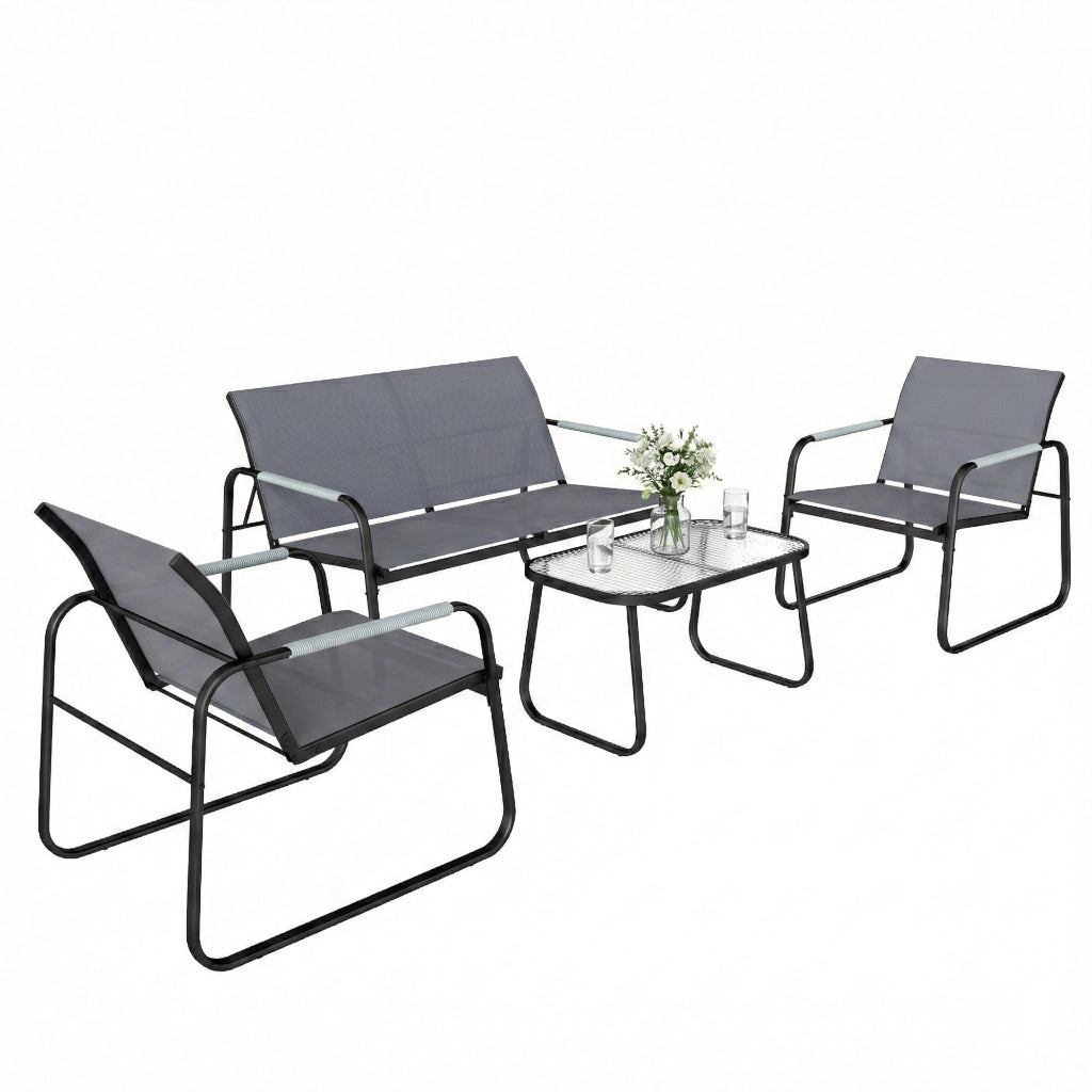 Set da Giardino 4 pz con Divano 2 Posti, 2 Sedie e Tavolino, Struttura in Metallo Grigio