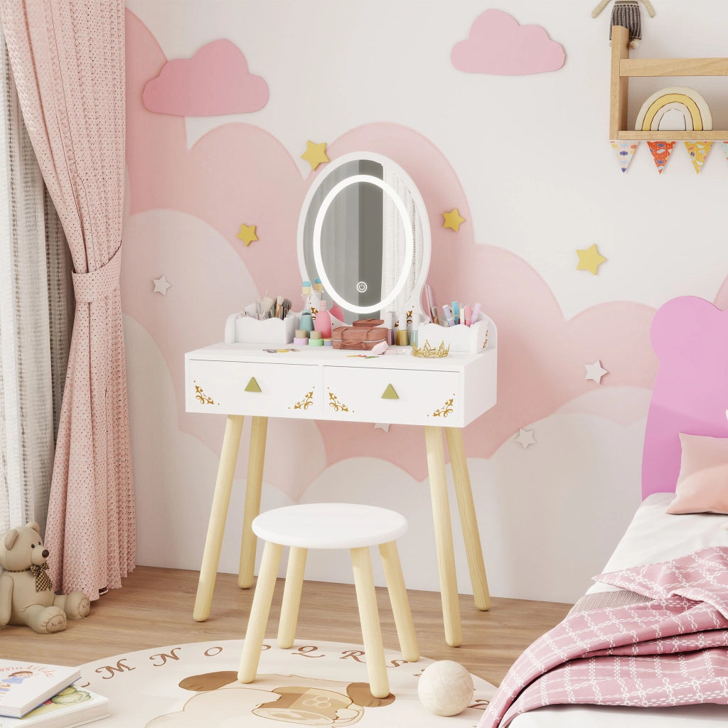 Scrivania per bambini con specchio LED e sgabello ¨C zephmum ¨C bianco 60x30x99,3 cm