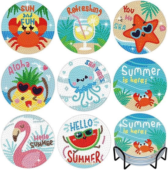 8 pezzi 5D pittura con diamanti DIY supporti con stile Aloha standard 9,5 cm diamanti rotondi arte e artigianato pittura e supporti DIY bicchieri, supporti per bicchieri, decorazione per la casa per bambini, adulti e principianti