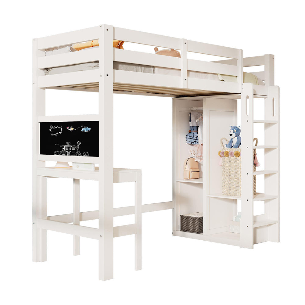 Letto a soppalco per bambini - Xylo - 90x200 cm - Bianco - Con scrivania, armadio e scaffali