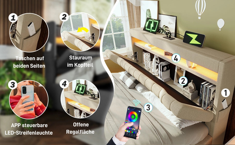 DESMIU Letto Matrimoniale 140 × 200 cm con LED, USB e Type-C, contenitore idraulico, senza materasso, in lino, beige