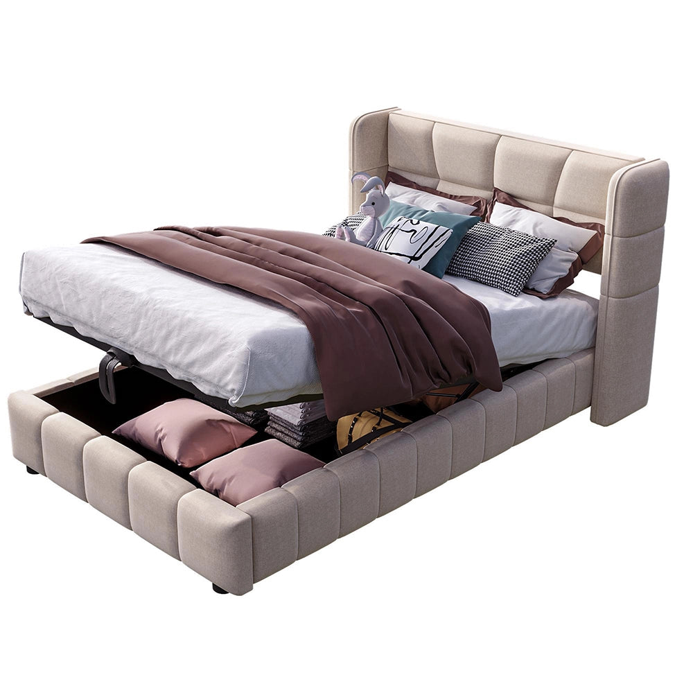 Letto imbottito per bambini - Xylo - 90x200 cm - Beige - Testiera e sistema di archiviazione pneumatico