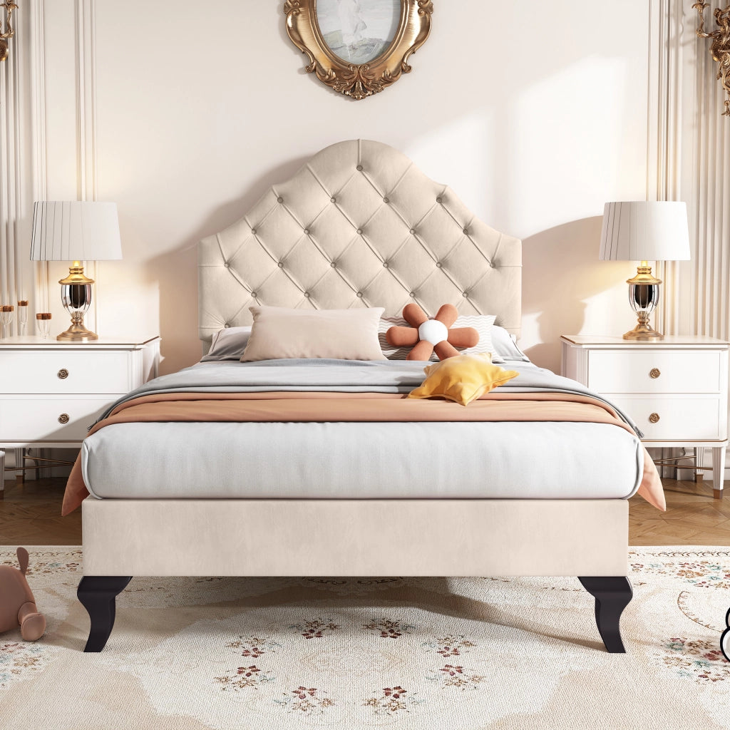 OKWISH Letto Singolo 90×200 cm, Letto per Ragazzi con Testiera Regolabile in Altezza e Rete a Doghe, senza Materasso, Velluto, Beige