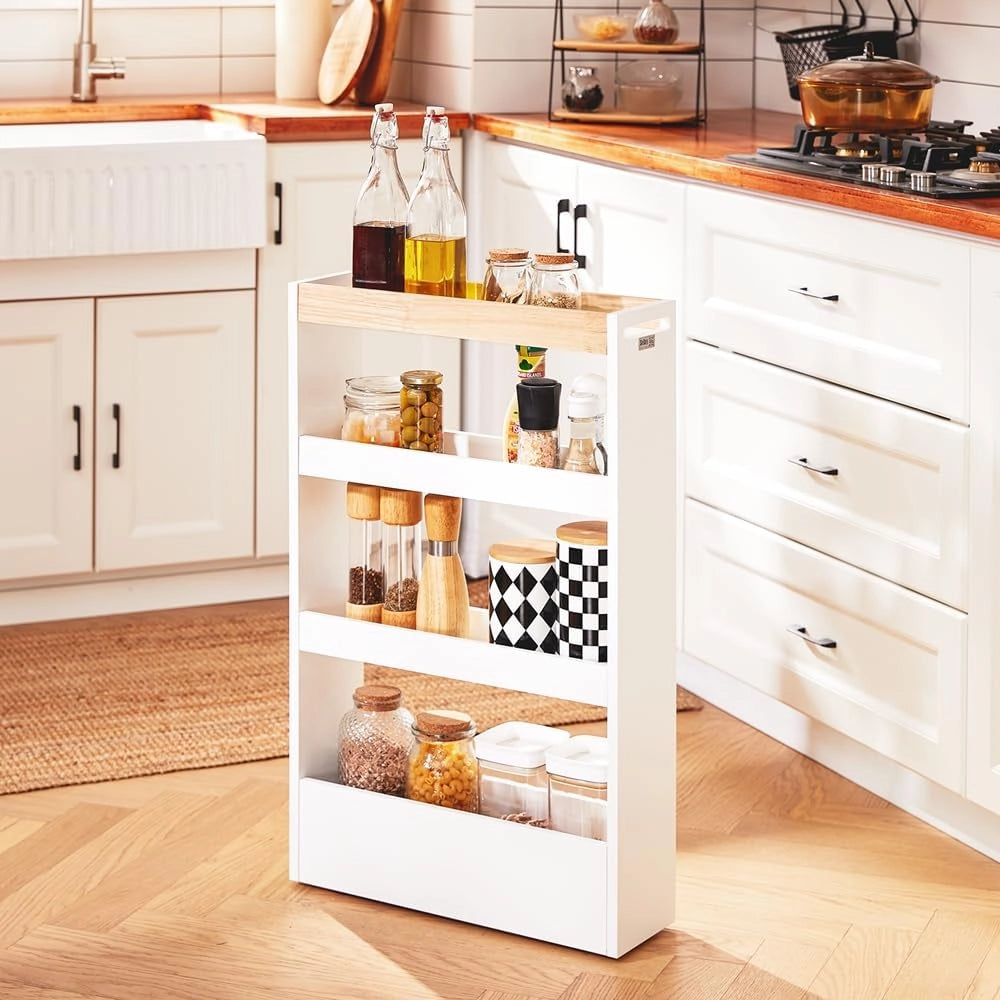 Carrello Cucina Salvaspazio con Ruote 15cm Larghezza – Mobiletto Cucina Stretto con 3 Ripiani, Scaffale Cucina e Portaoggetti per Bagno o Ufficio, Bianco ed Effetto Legno 80x15x50cm NSR12-W
