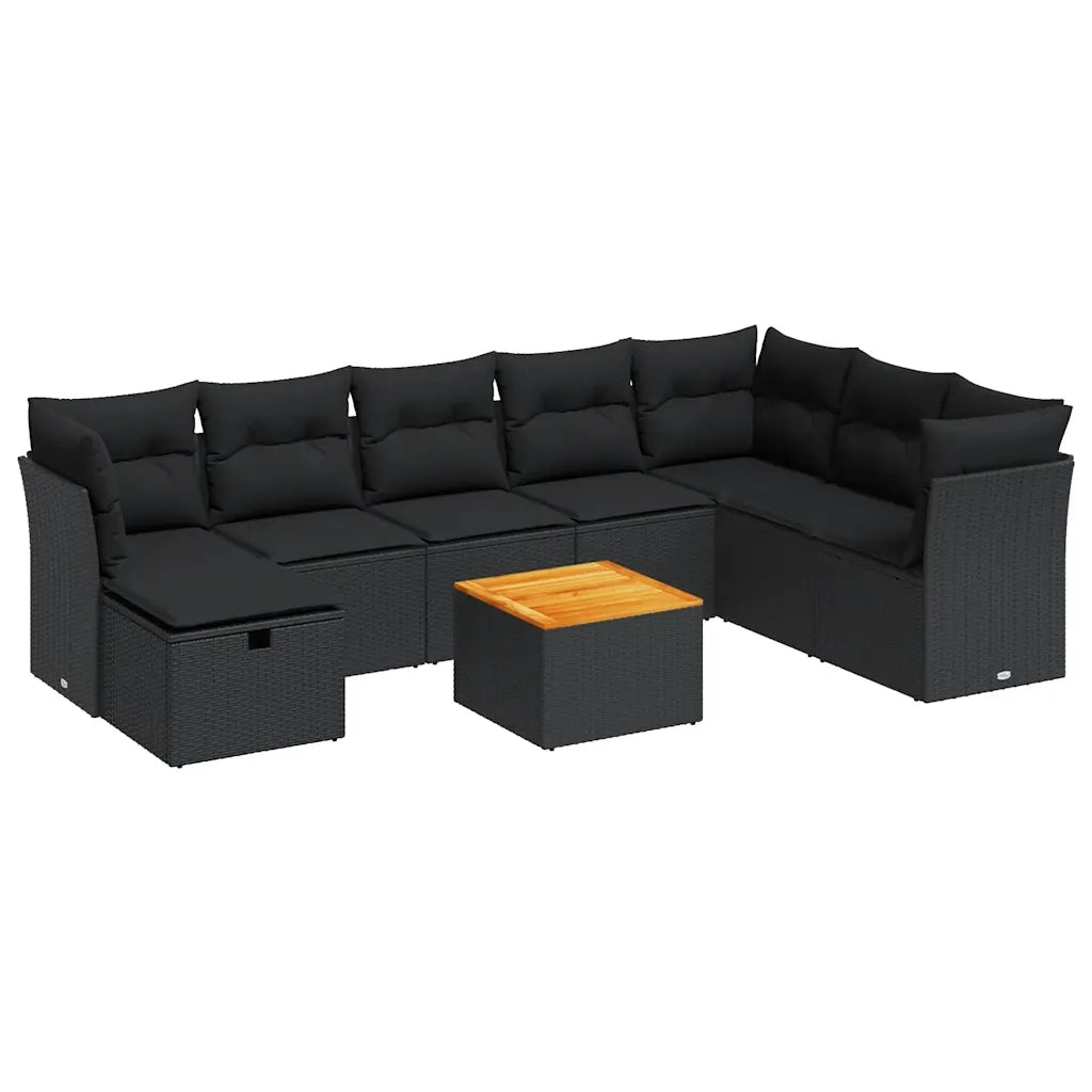 Set Divani da Giardino 9 pz con Cuscini Nero in Polyrattan