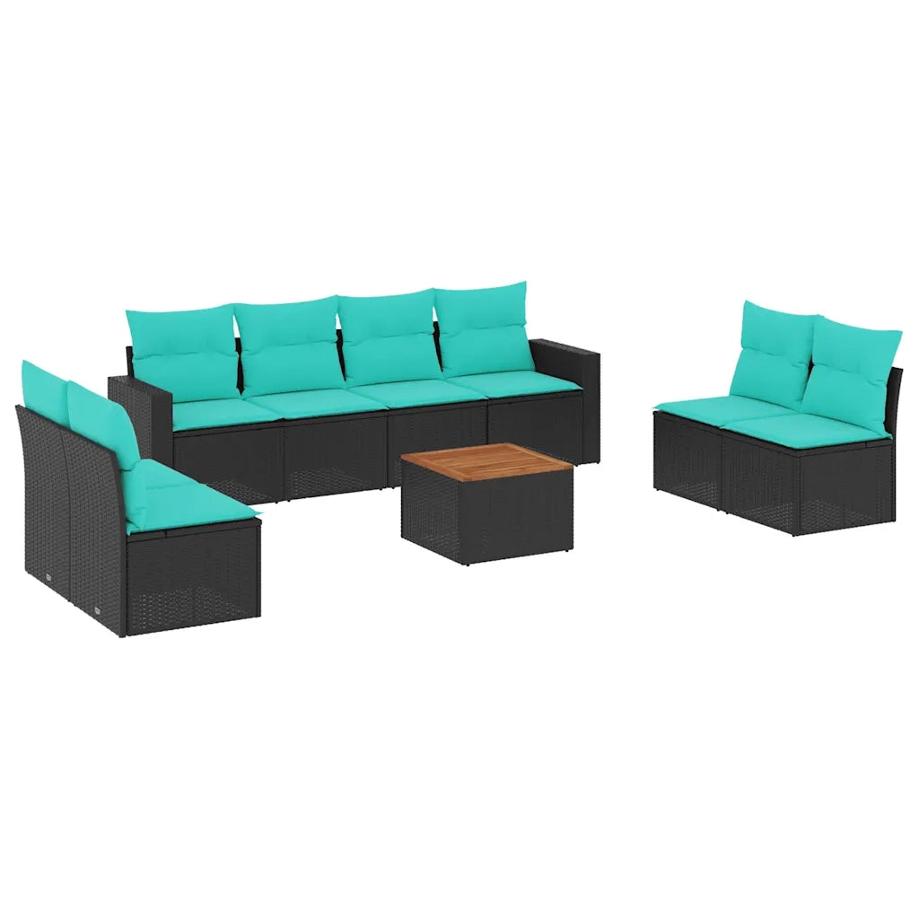 Set Divani da Giardino 9 pz con Cuscini Nero in Polyrattan