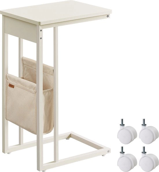 Tavolo salotto a forma di C con borsa di stoffa per ripostigli, gambe regolabili e ruote pianto - Bianco crema - per spazi piccoli
